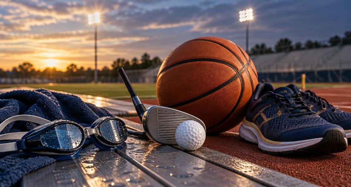 Sports equipment representing swimming, golf, basketball and cross-country honors
