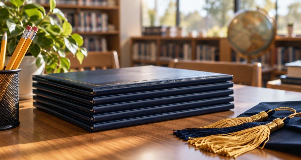 Academic folders, pencils and graduation tassels representing National Merit recognition